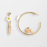 Round rabbit and daffodil hoop earrings