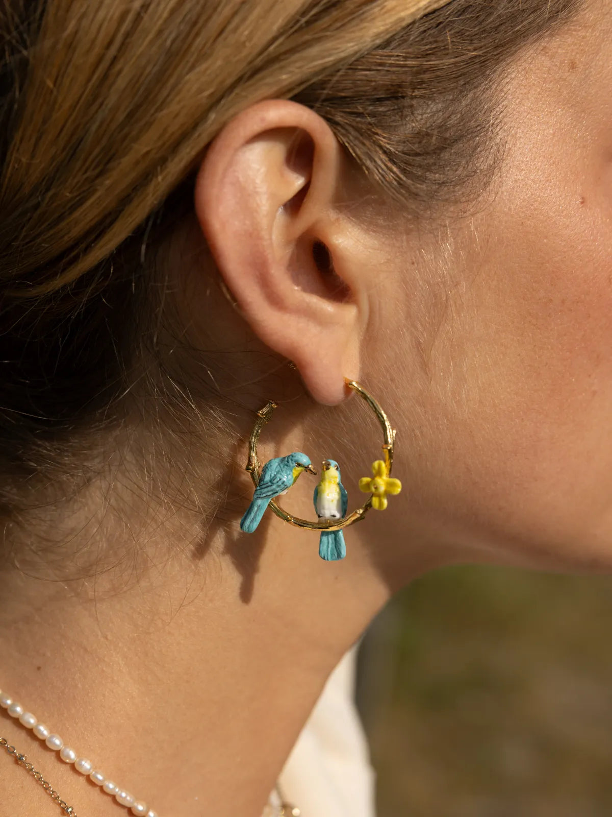 Boucles d'oreilles branches Oiseaux Amoureux et Jonquilles
