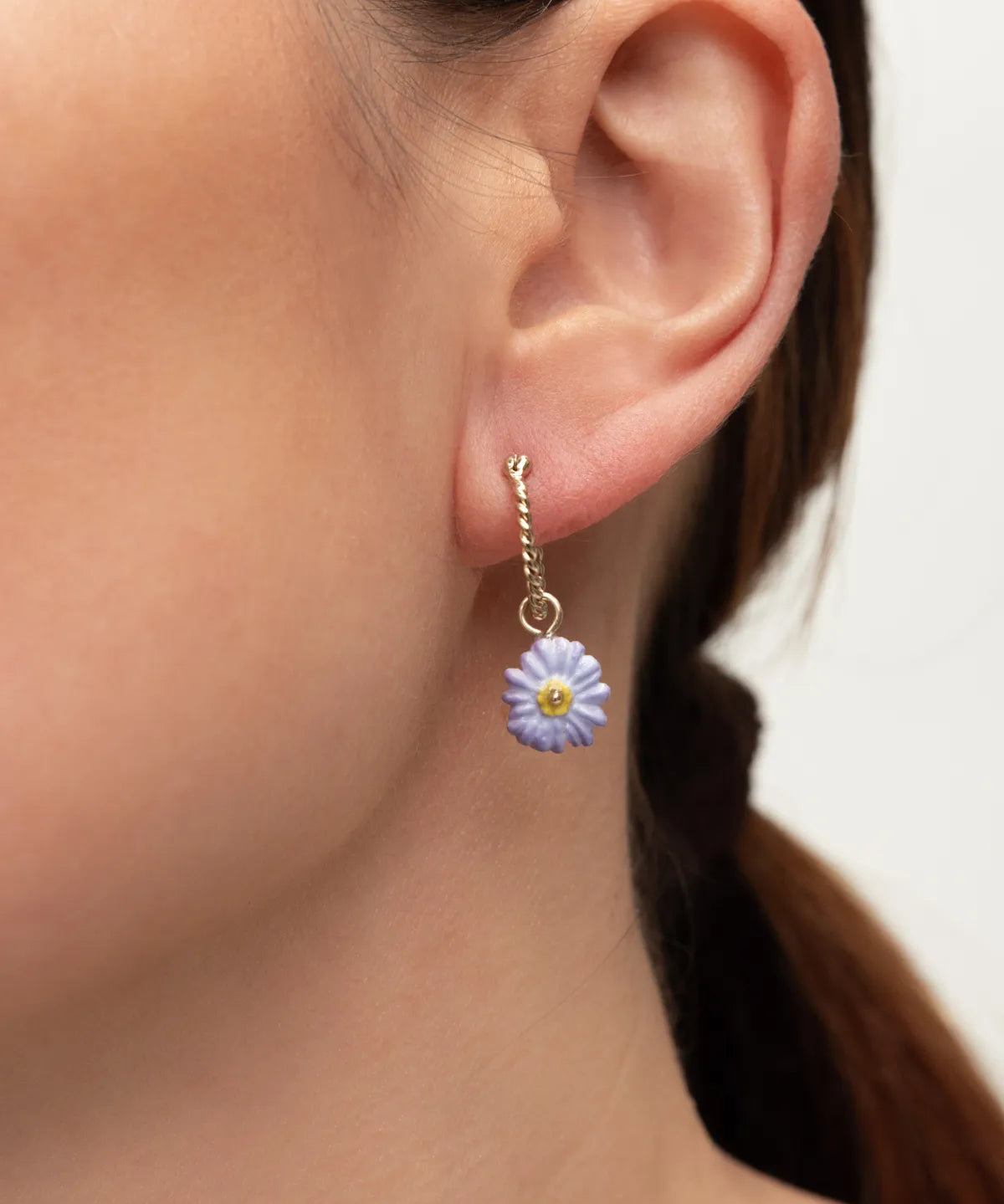 Mini purple anemone flower hoop earring