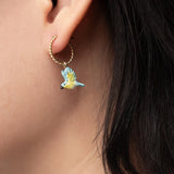 Mini hoop earring with blue warbler design - Sold individually