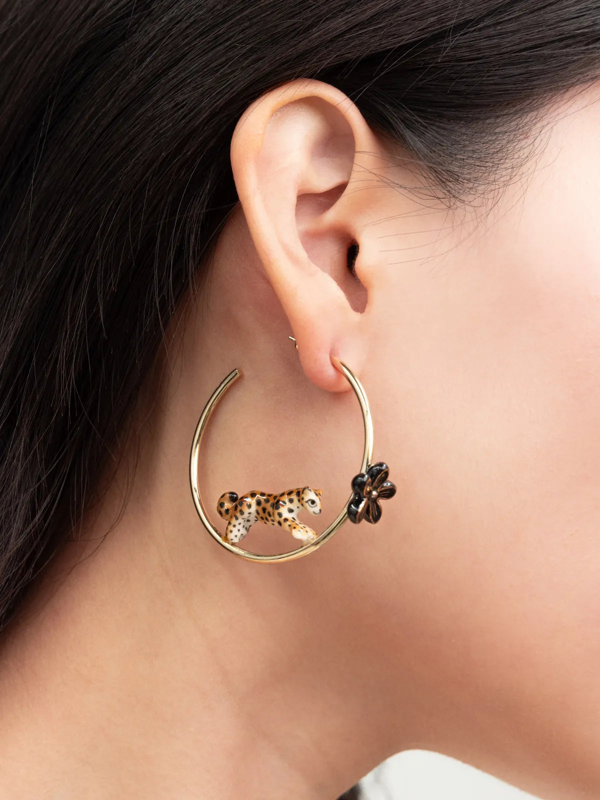Leopard and flower print round hoop earrings