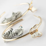 Round tabby cat and butterfly hoop earrings