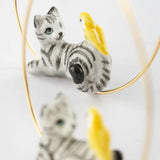 Small tabby cat and bird hoop earrings