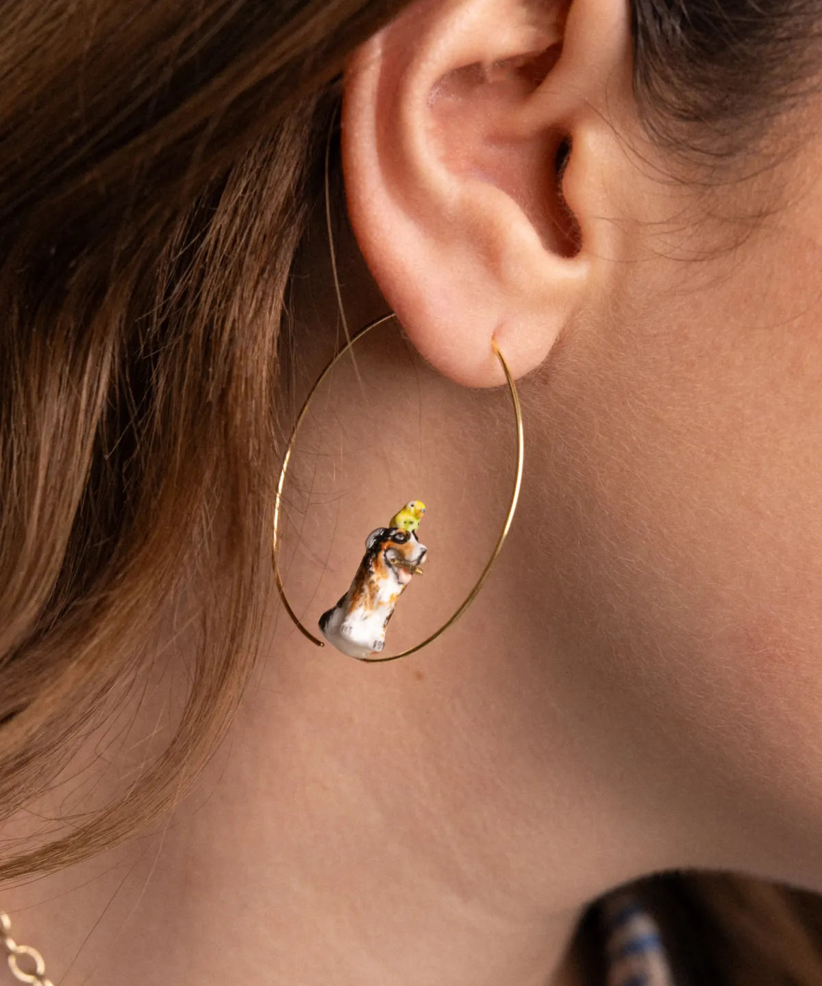 Large Australian Shepherd dog and bird hoop earrings