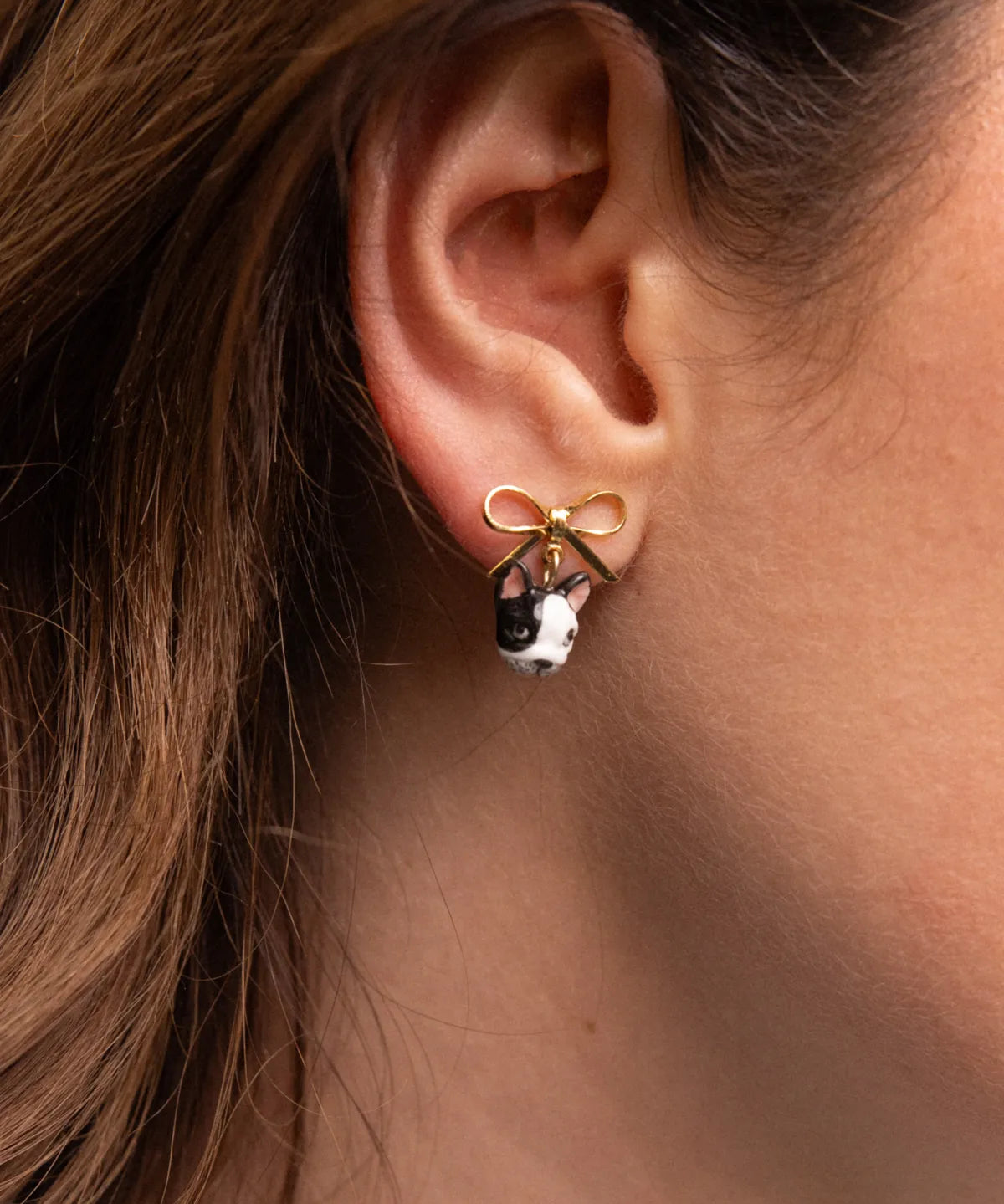 French Bulldog Head and Bow Dangle Earrings