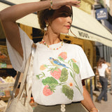 Balloon sleeve T-shirt - Strawberries and titmouse