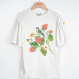 Balloon sleeve T-shirt - Strawberries and titmouse
