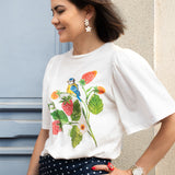 Balloon sleeve T-shirt - Strawberries and titmouse