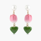 Boucles d’oreilles pendante perle, tulipe et cœur