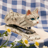 agrafeuse chat gris tabby en porcelaine peinte à la main