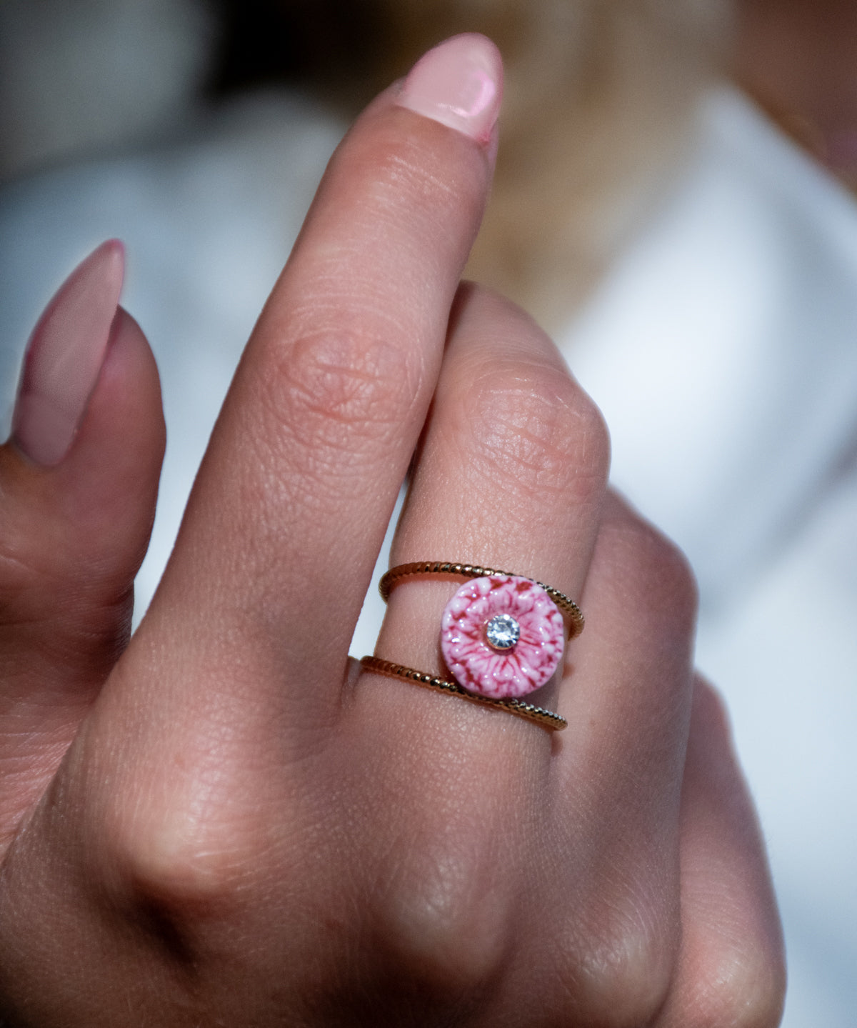 Bague double anneau chardon rose