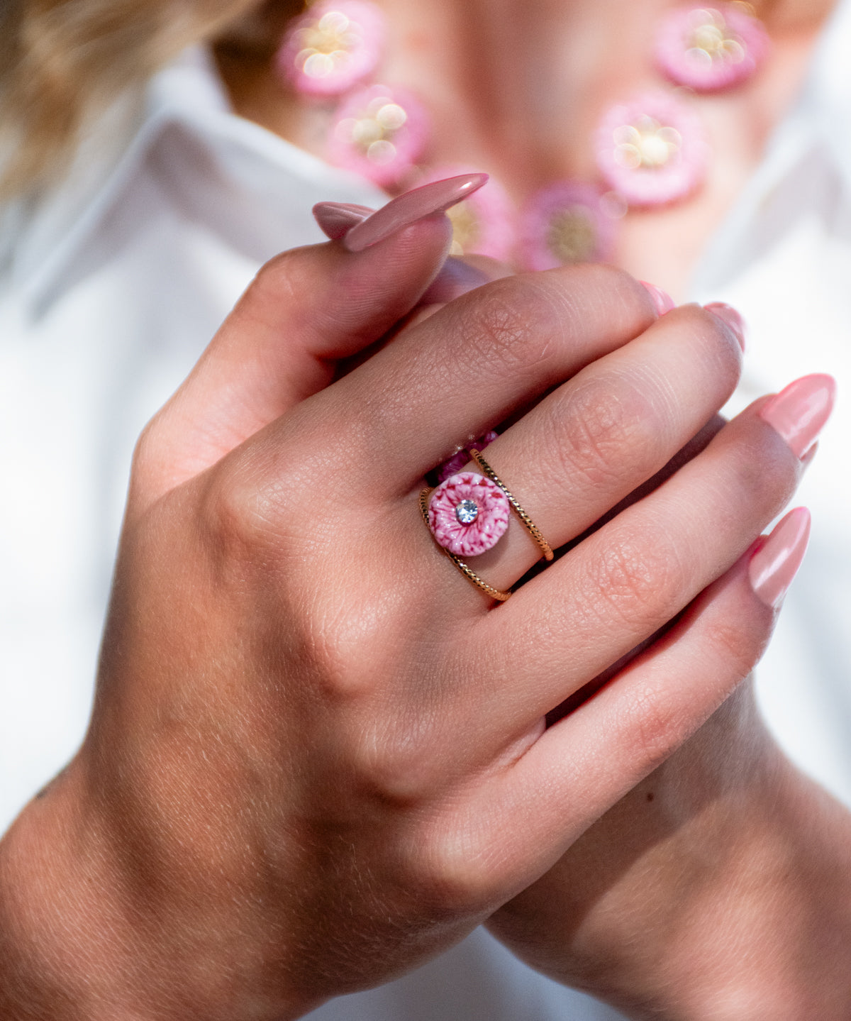 Bague double anneau chardon rose