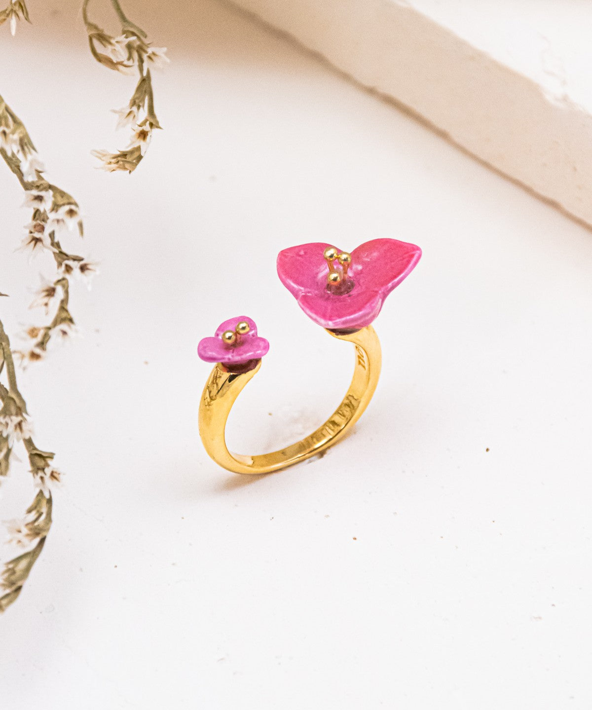 bague ajustable dorée fleur bougainvillier rose