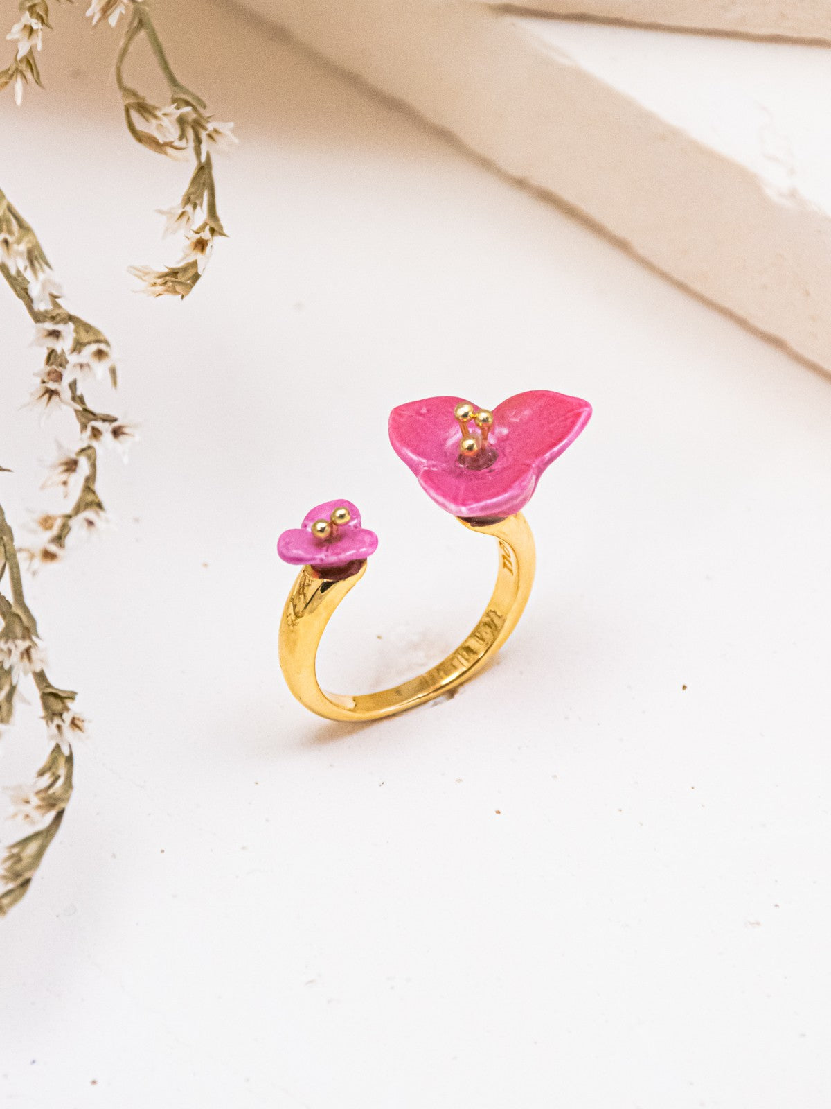 bague ajustable dorée fleur bougainvillier rose