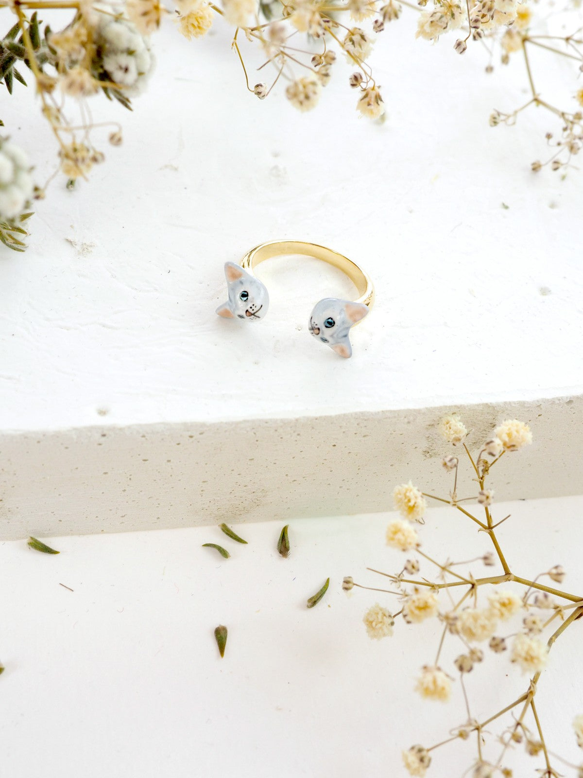 bague ajustable en porcelaine peinte à la main animal chat tabby gris