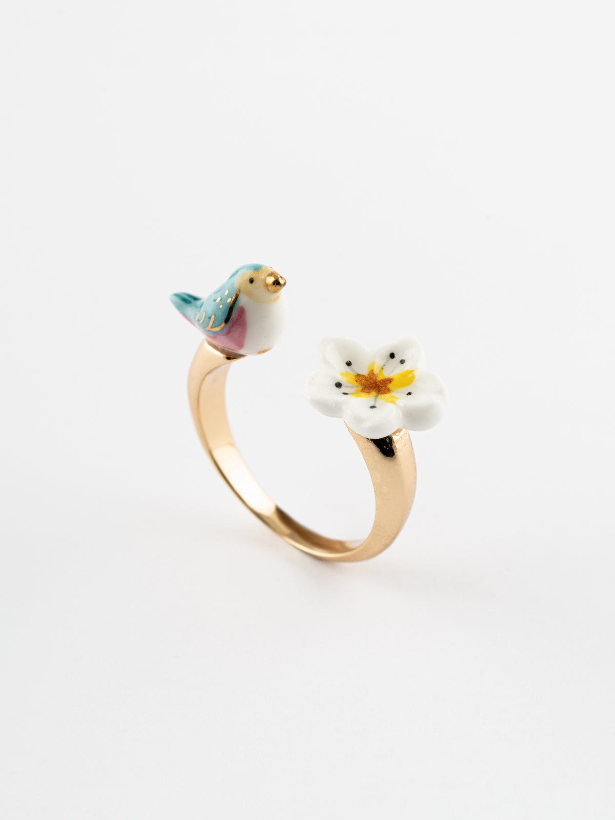 Bague FaceToFace oiseau bleu & fleur de poirier