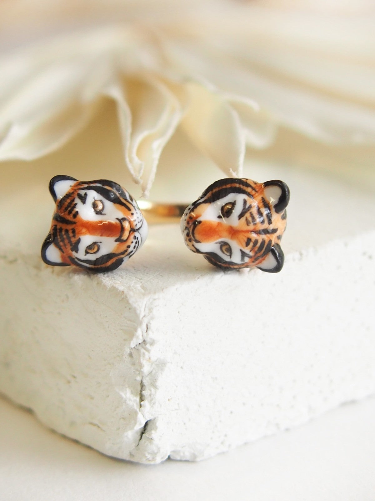 bague ajustable animal tigre en porcelaine peinte à la main