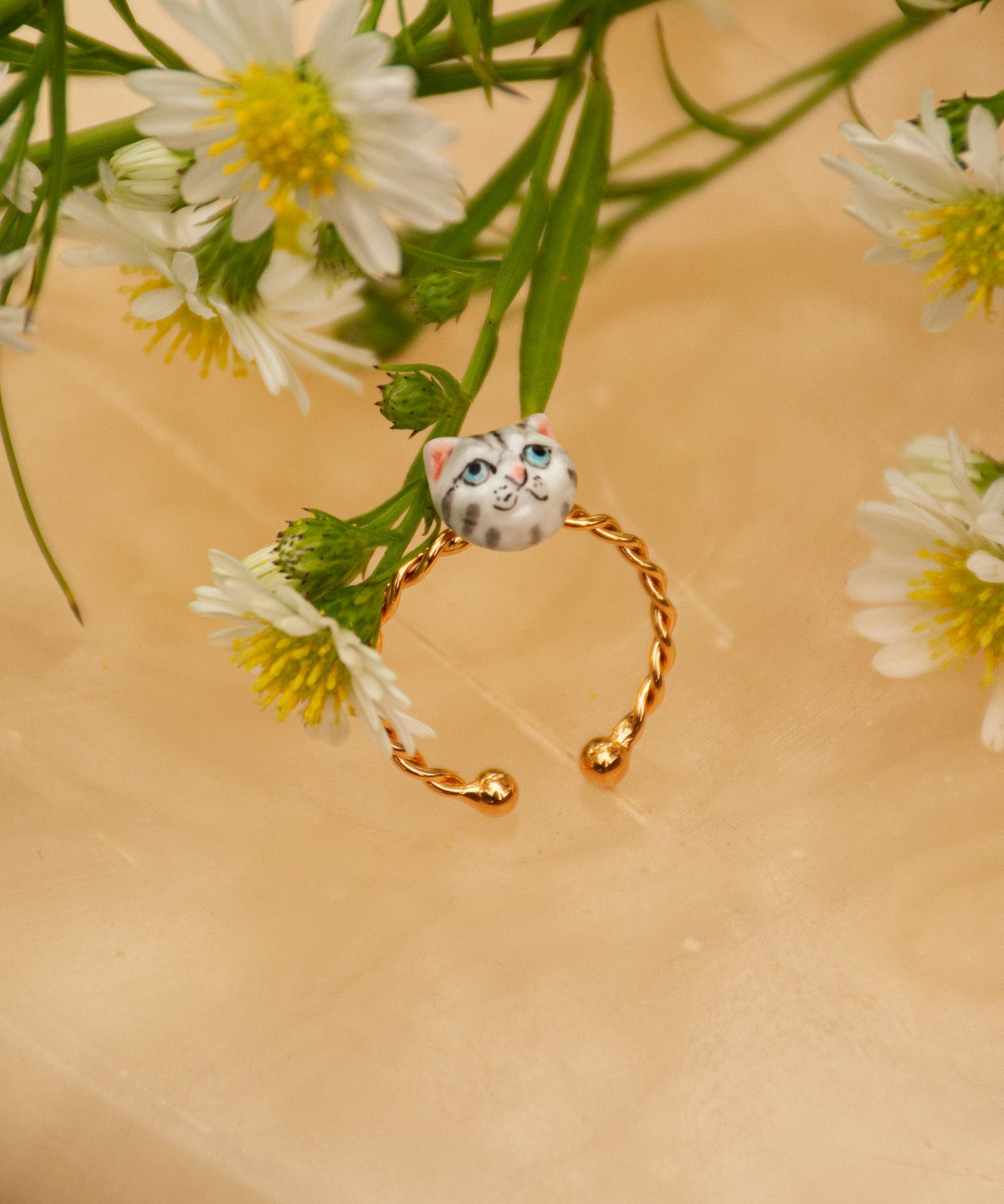 bague ajustable dorée chat tabby gris