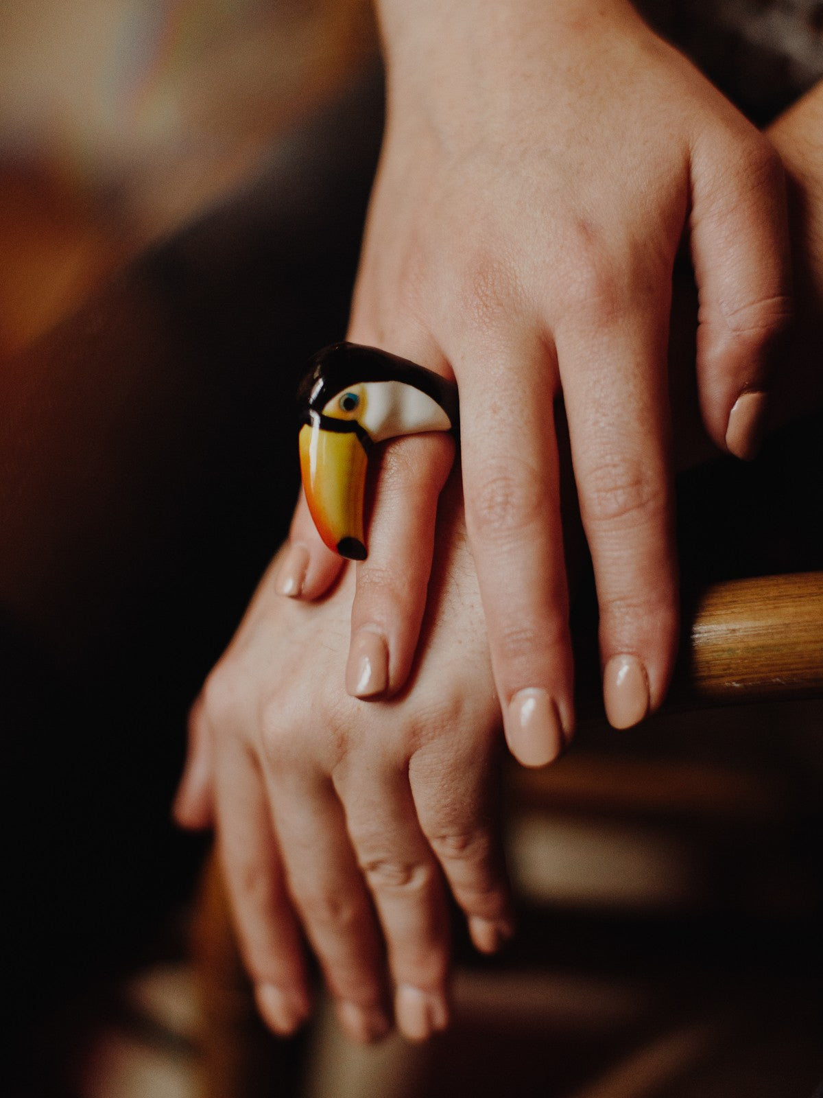bague en porcelaine peinte à la main animal toucan