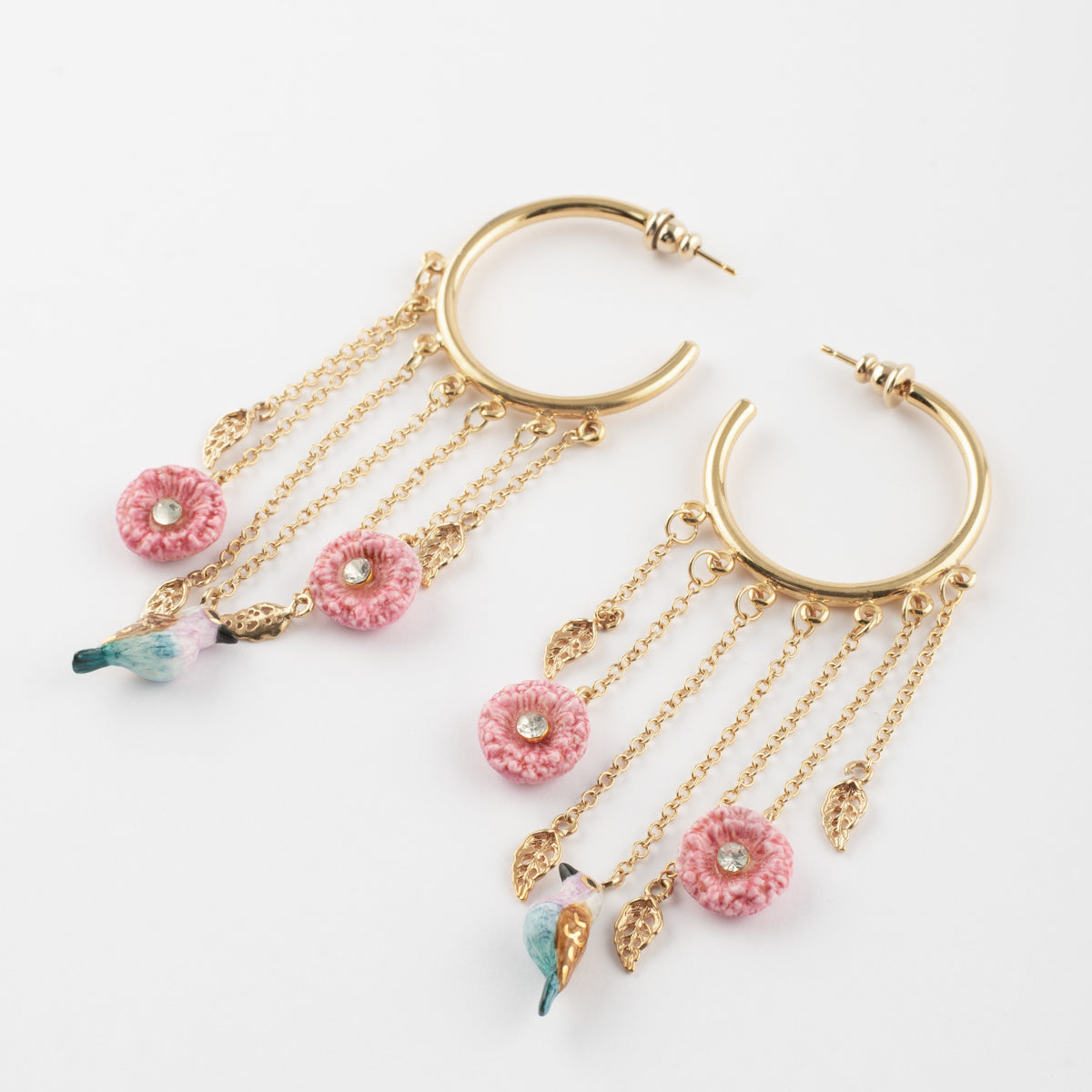 Boucles d'oreilles chaînes chardons et oiseau