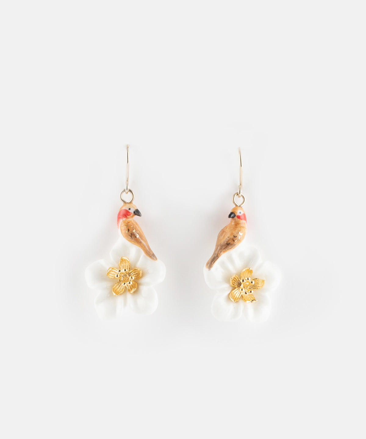 Boucles d'oreilles oiseau linotte sur fleur - Il était une fois