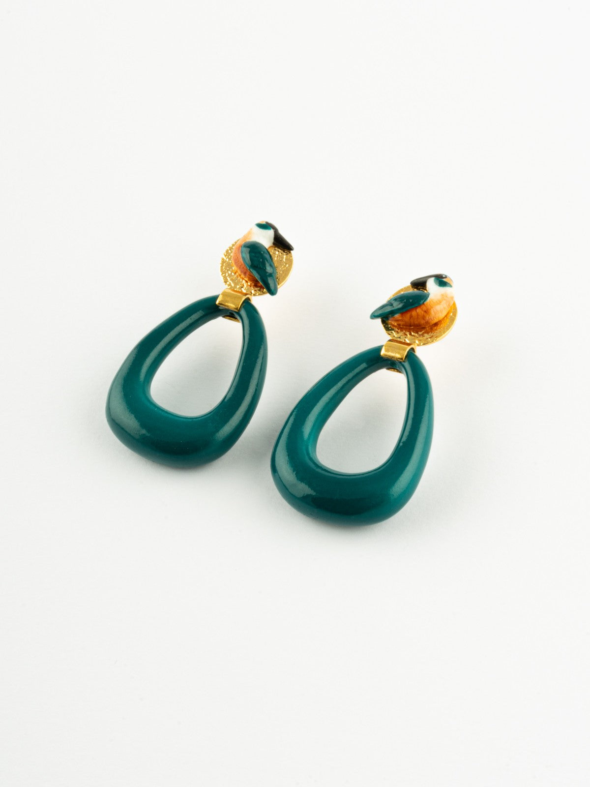 Boucle d'oreilles goutte ovale porcelaine bleu fait main oiseau animal