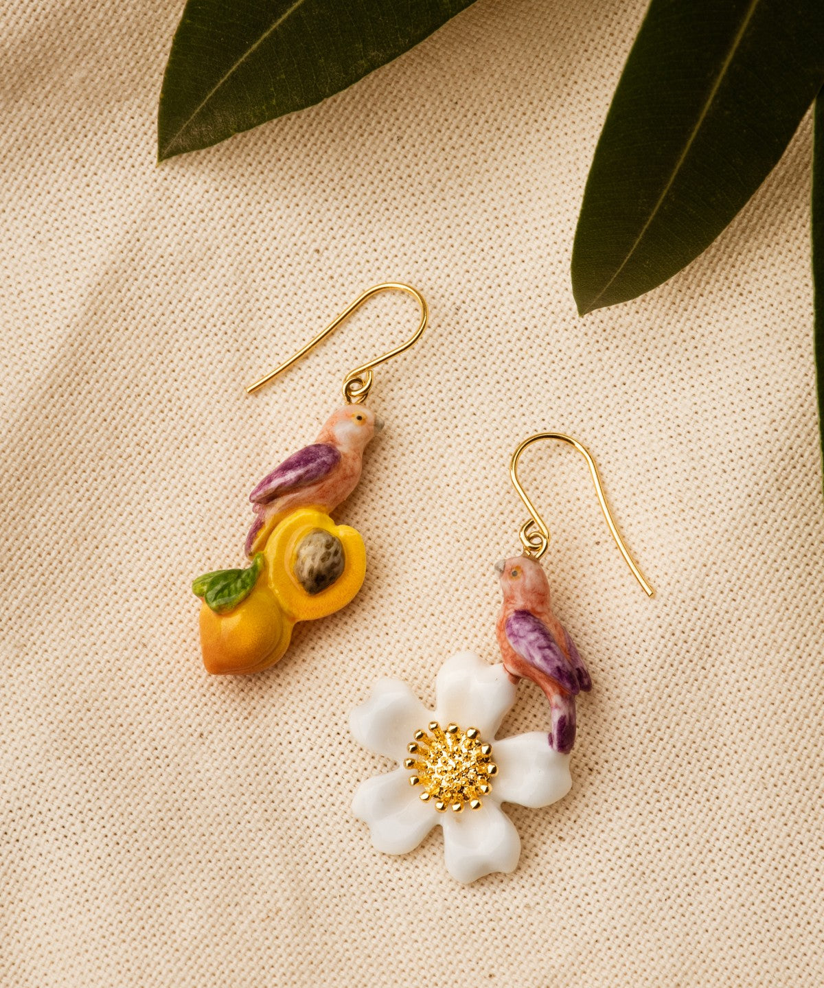 Boucles d'oreilles perroquet, pêche et fleur