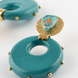 Boucles d'oreilles plume de paon & porcelaine cloutée
