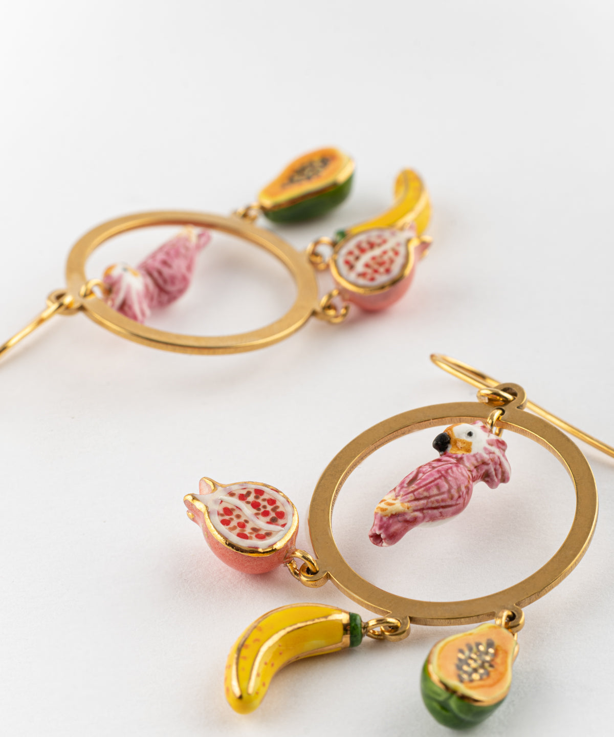 Boucles d'oreilles rondes cacatoès & fruits