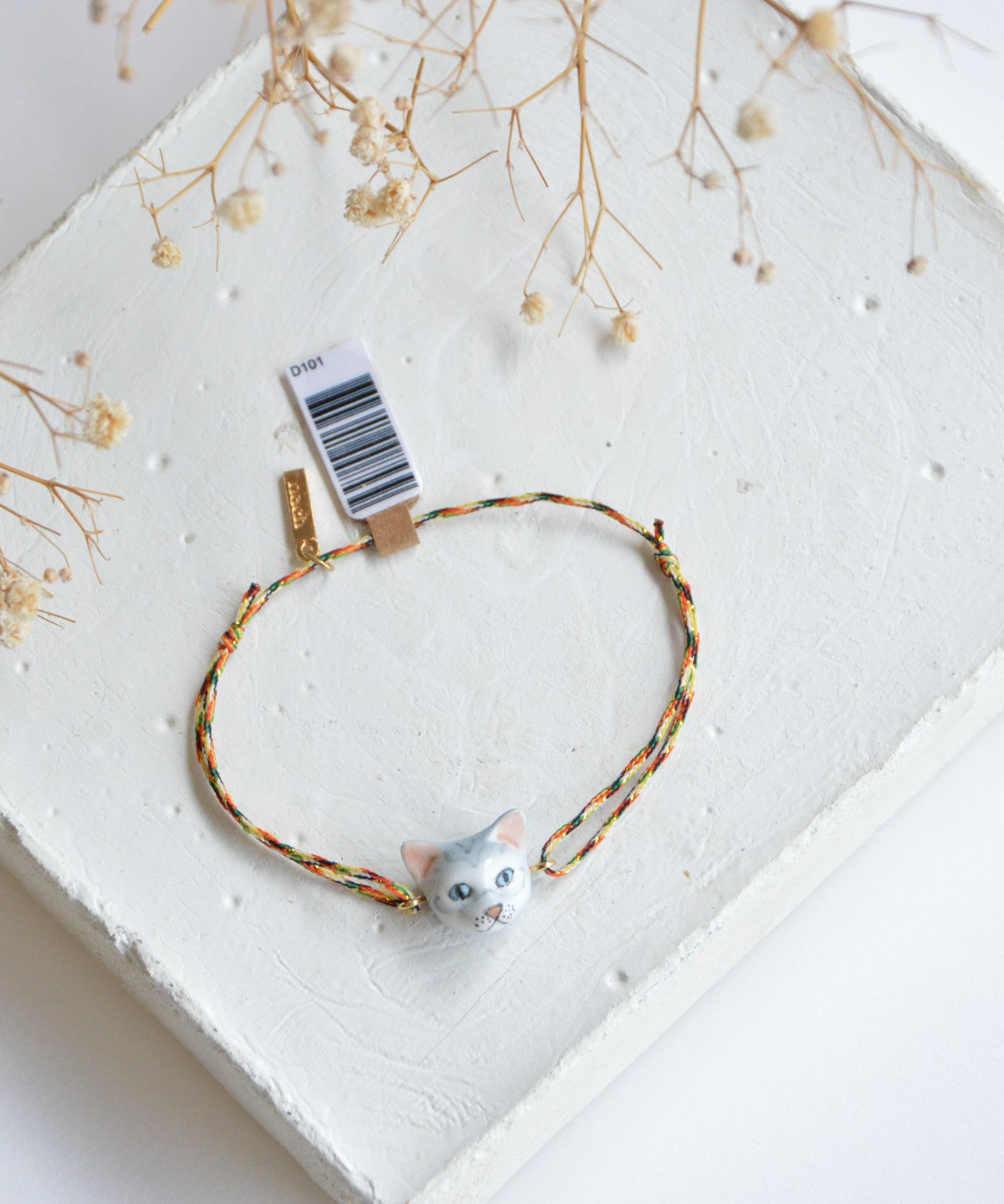 bracelet ajustable en porcelaine peinte à la main et coton animal chat tabby gris