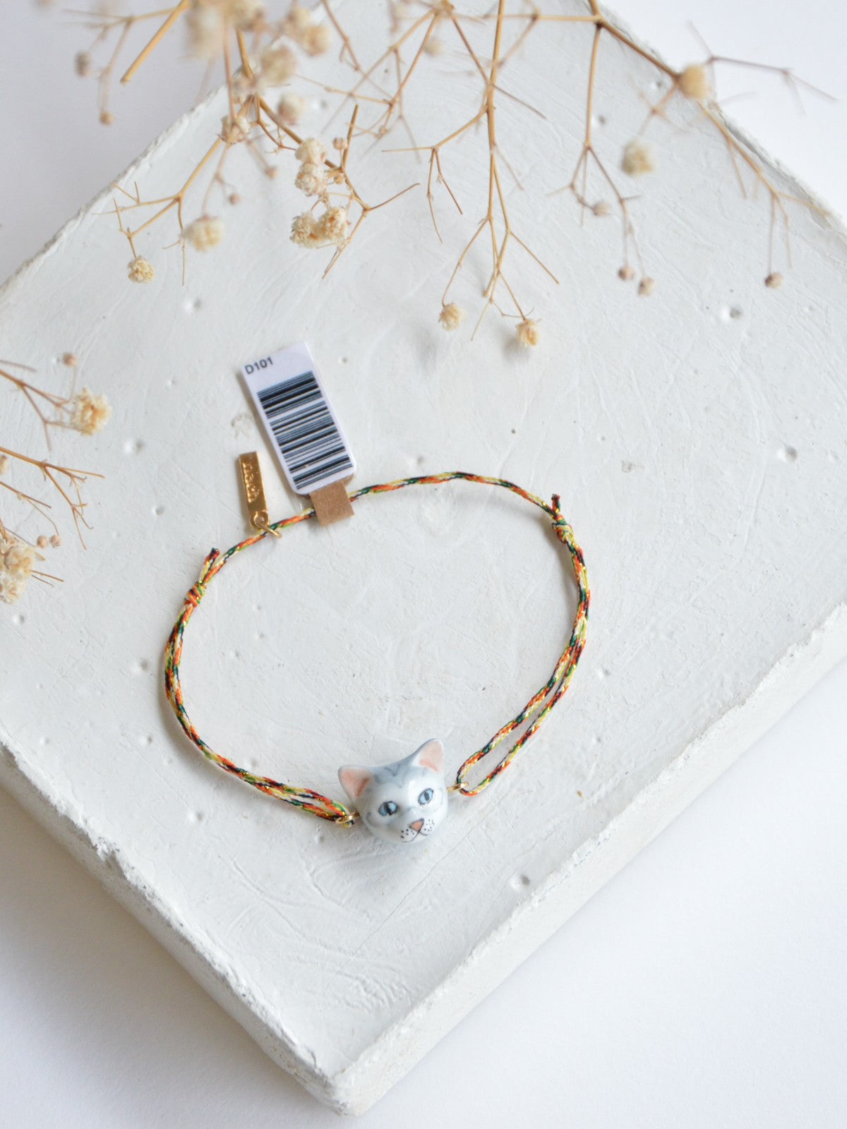 bracelet ajustable en porcelaine peinte à la main et coton animal chat tabby gris