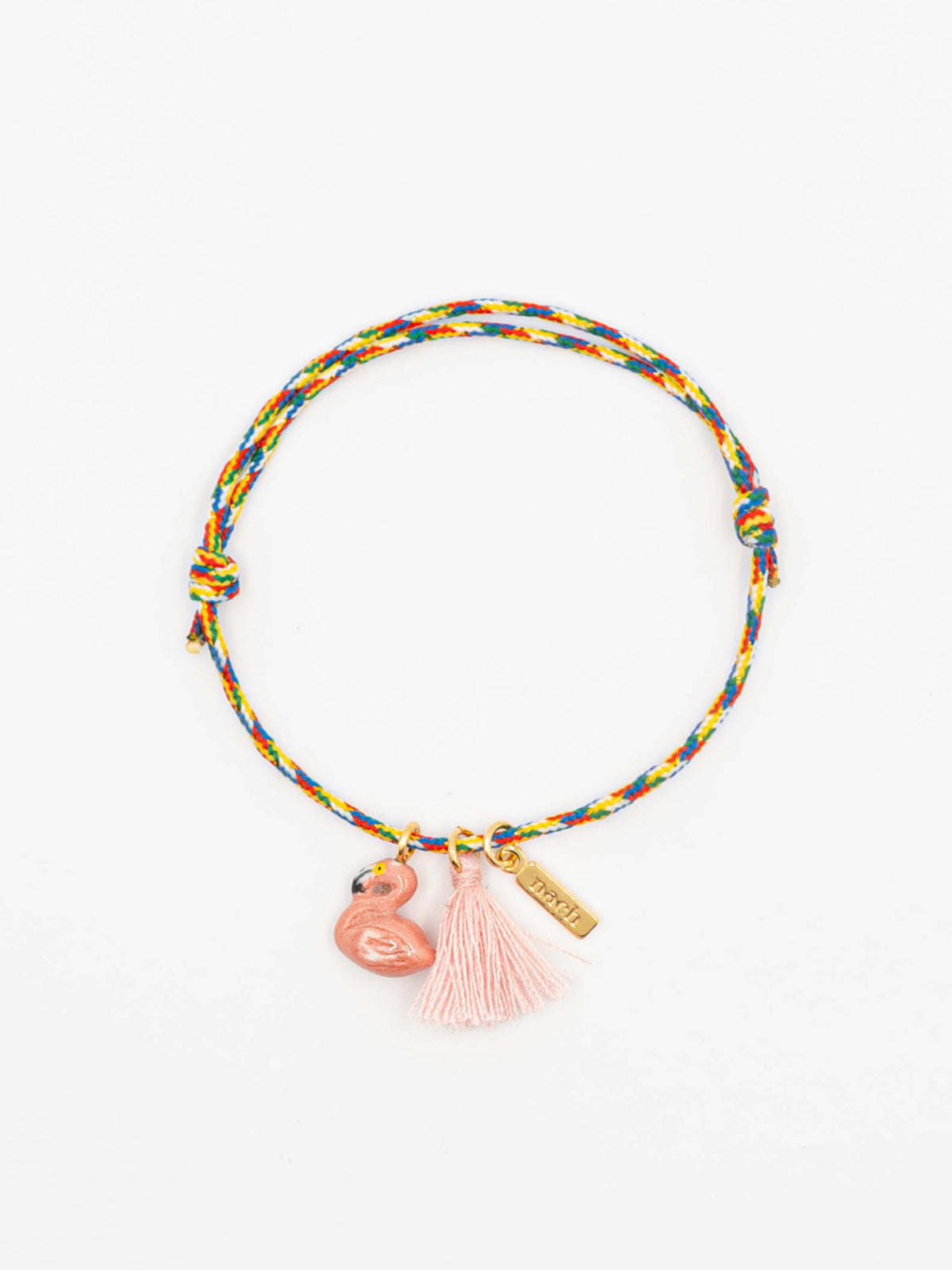Bracelet charm's multicolore flamant rose avec pompon