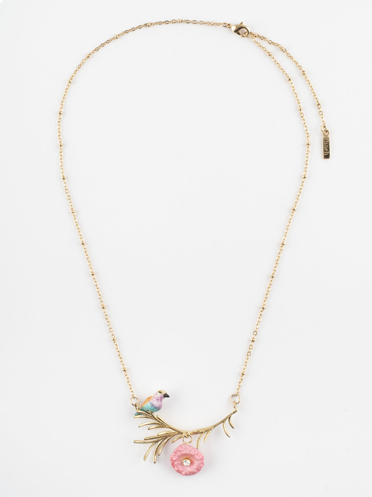 Collier oiseau et chardon rose