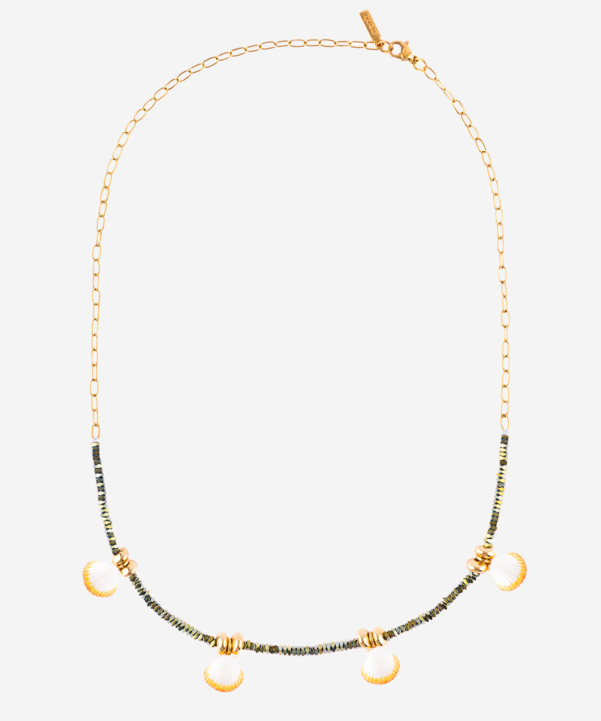 Collier perles d'hématite coquillages
