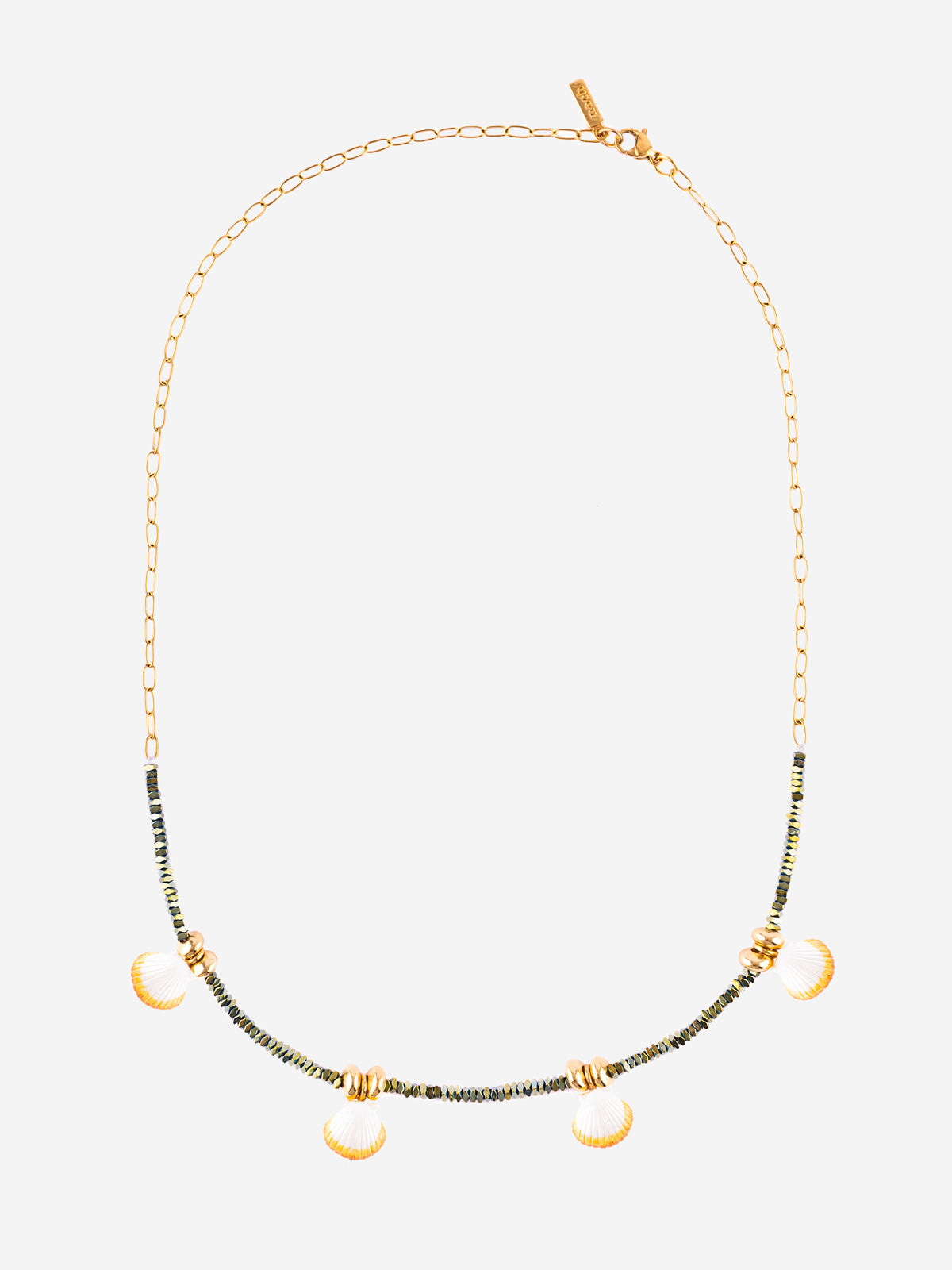 Collier perles d'hématite coquillages
