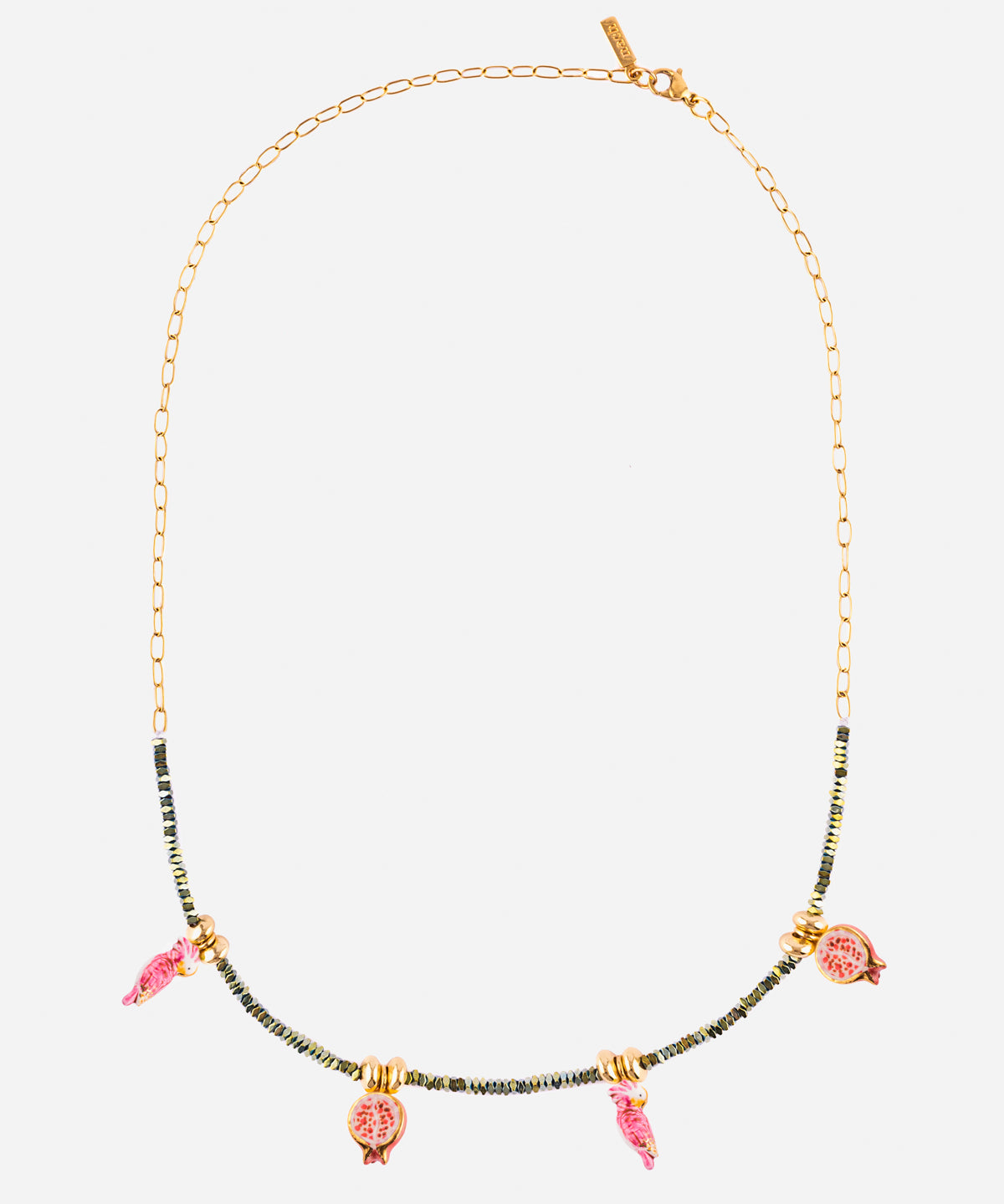 Collier perles d'hématite perruches & grenades