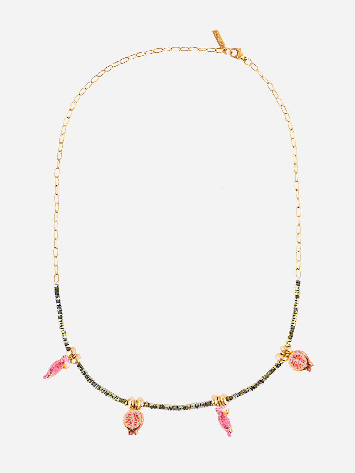 Collier perles d'hématite perruches & grenades