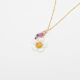 collier doré fleur blanche oiseau rose violet perroquet porcelaine