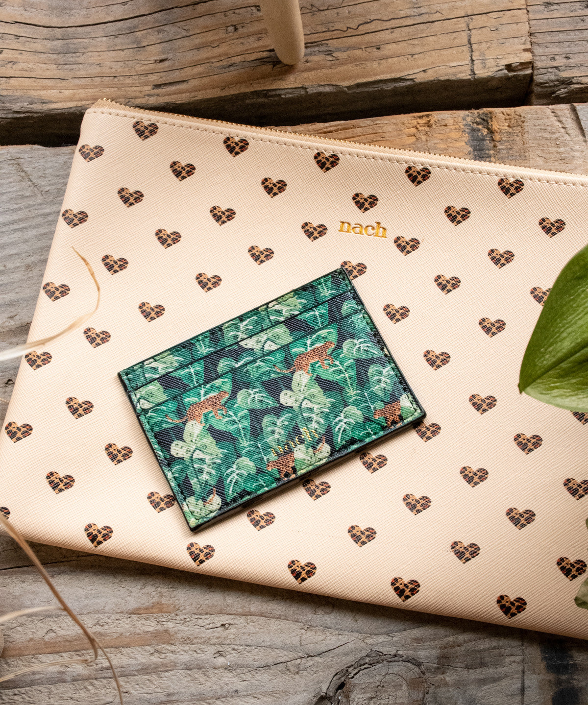 Porte-cartes feuilles & léopard
