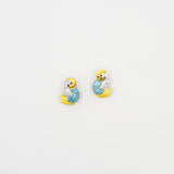 boucles d'oreilles puces perruches jaune et bleue porcelaine
