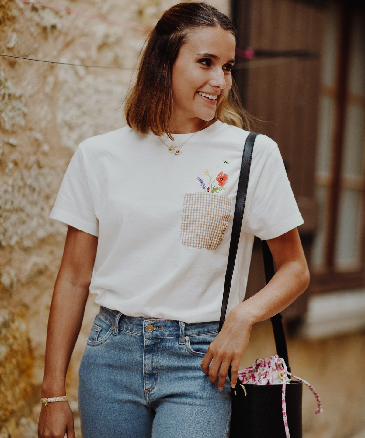 T-shirt poche vichy bouquet de fleurs en coton bio Nach